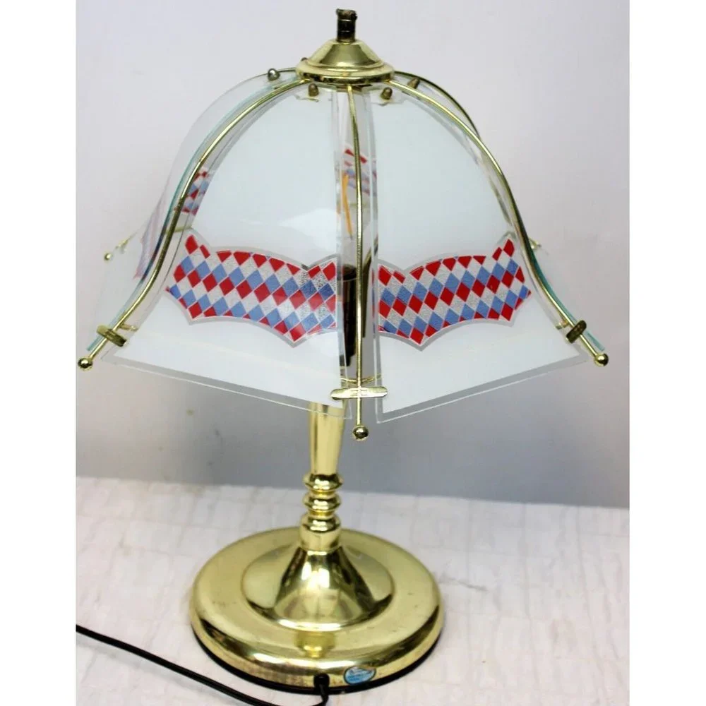 Vtg 1990s White Reverse Printed Checkered Gold Colored Bell Touch Lamp Red White